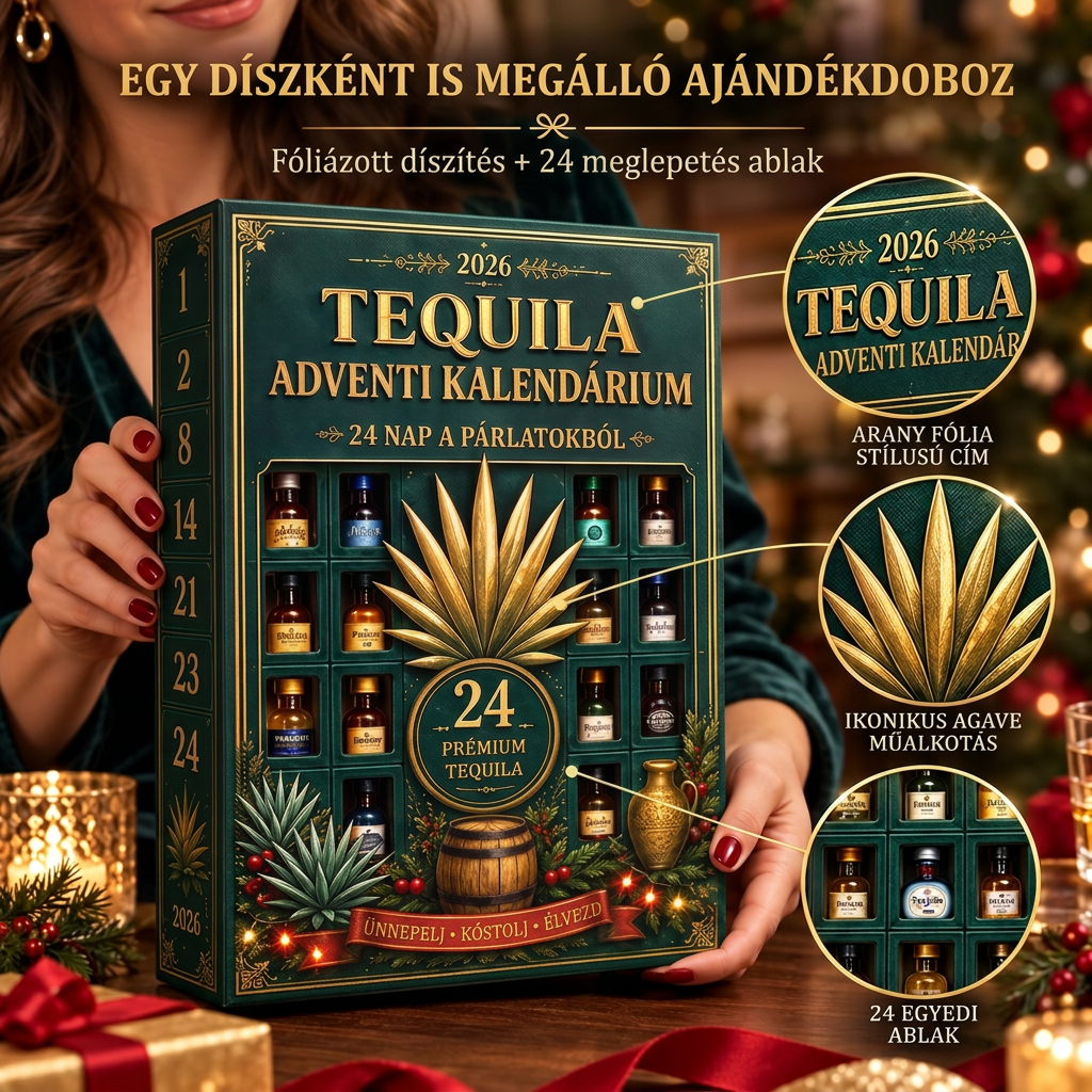 🎁🏺 24 napos, miniatűr tequilás üvegcséket rejtő adventi meglepetésdoboz – ünnepi dekoráció, bárpult-dísz, ajándék gyűjtőknek és családi visszaszámlálás