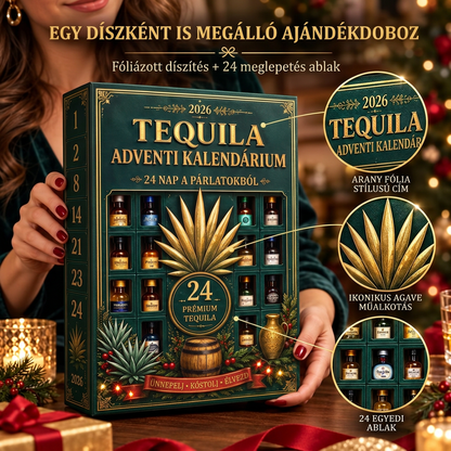 🎁🏺 24 napos, miniatűr tequilás üvegcséket rejtő adventi meglepetésdoboz – ünnepi dekoráció, bárpult-dísz, ajándék gyűjtőknek és családi visszaszámlálás
