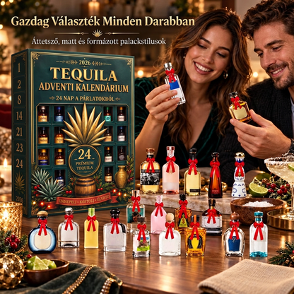 🎁🏺 24 napos, miniatűr tequilás üvegcséket rejtő adventi meglepetésdoboz – ünnepi dekoráció, bárpult-dísz, ajándék gyűjtőknek és családi visszaszámlálás