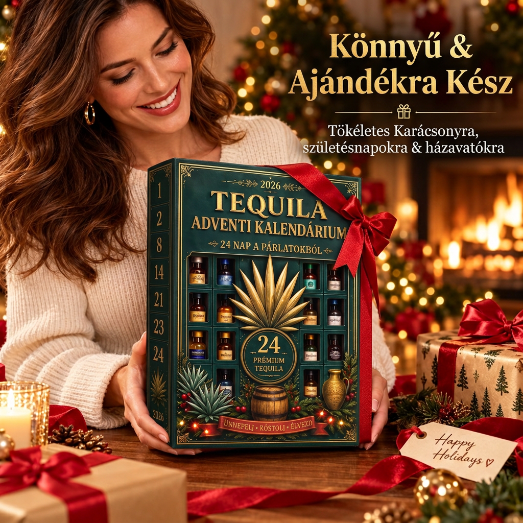 🎁🏺 24 napos, miniatűr tequilás üvegcséket rejtő adventi meglepetésdoboz – ünnepi dekoráció, bárpult-dísz, ajándék gyűjtőknek és családi visszaszámlálás