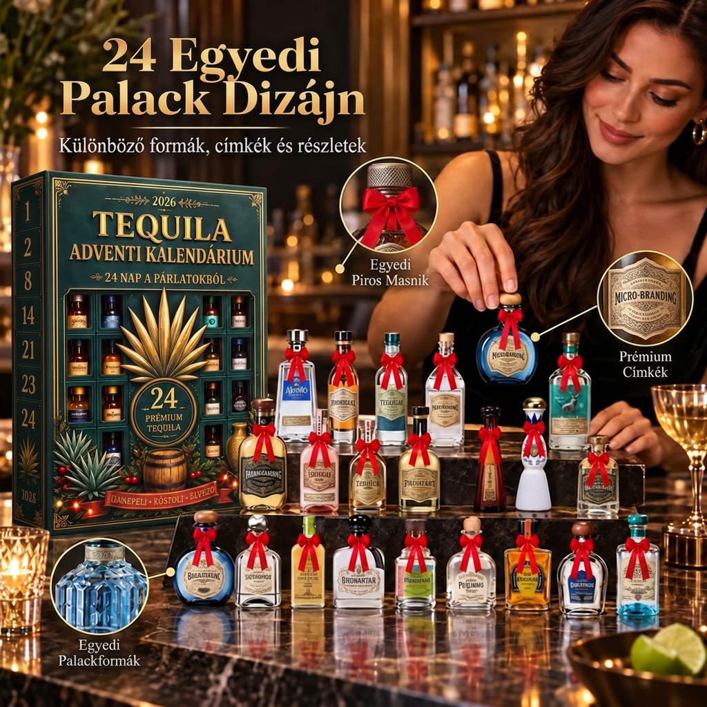 🎁🏺 24 napos, miniatűr tequilás üvegcséket rejtő adventi meglepetésdoboz – ünnepi dekoráció, bárpult-dísz, ajándék gyűjtőknek és családi visszaszámlálás