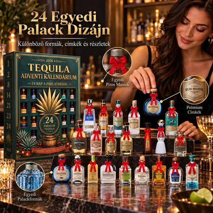 🎁🏺 24 napos, miniatűr tequilás üvegcséket rejtő adventi meglepetésdoboz – ünnepi dekoráció, bárpult-dísz, ajándék gyűjtőknek és családi visszaszámlálás
