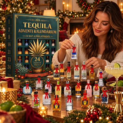 🎁🏺 24 napos, miniatűr tequilás üvegcséket rejtő adventi meglepetésdoboz – ünnepi dekoráció, bárpult-dísz, ajándék gyűjtőknek és családi visszaszámlálás