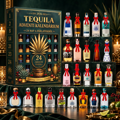 🎁🏺 24 napos, miniatűr tequilás üvegcséket rejtő adventi meglepetésdoboz – ünnepi dekoráció, bárpult-dísz, ajándék gyűjtőknek és családi visszaszámlálás