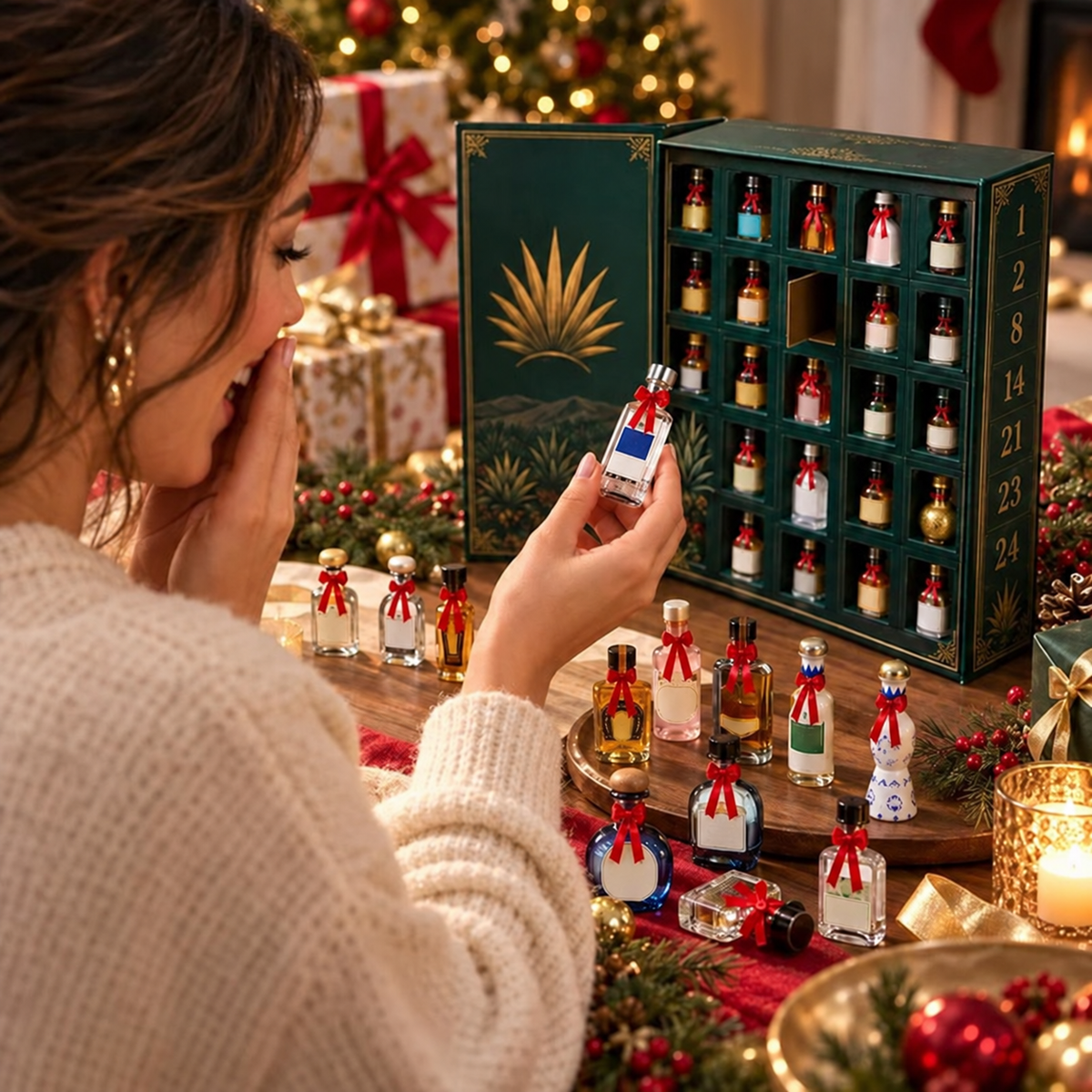 🎁🏺 24 napos, miniatűr tequilás üvegcséket rejtő adventi meglepetésdoboz – ünnepi dekoráció, bárpult-dísz, ajándék gyűjtőknek és családi visszaszámlálás